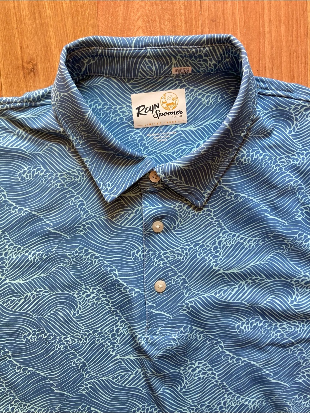 Reyn Spooner Blue Ocean Wave Molokai Channel Mens L Polo Shirt Limited Issue